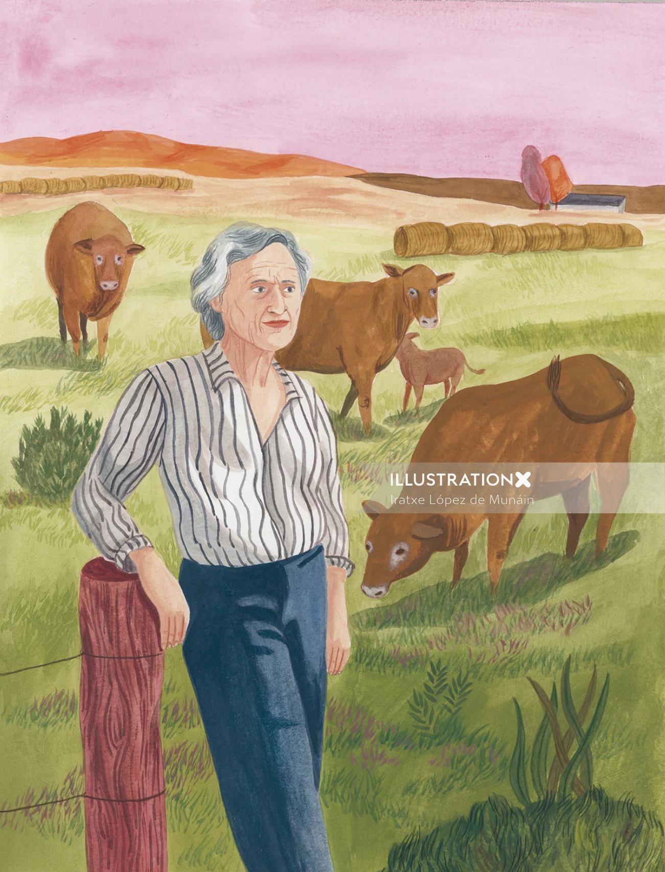 牛と一緒に農場にいる人々