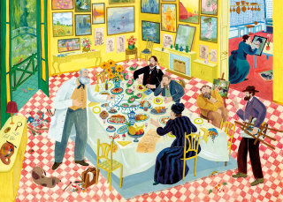 Gente de estilo de vida comiendo en una gran mesa de comedor