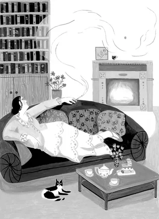 Woman smoking pipe on couch near fireplace and bookshelves by Iratxe López de Munáin
