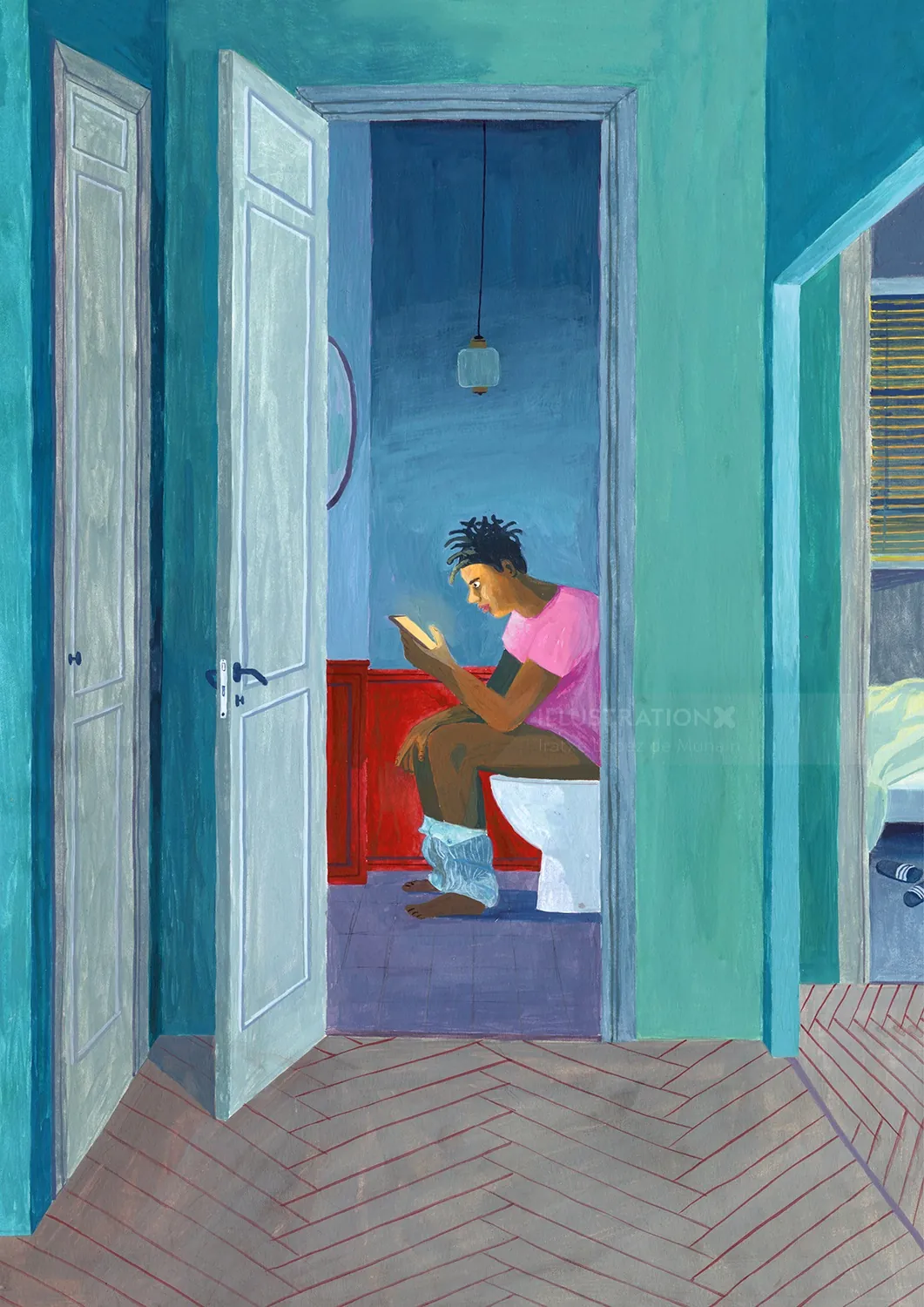 Person sitting on toilet reading book in blue room by Iratxe López de Munáin