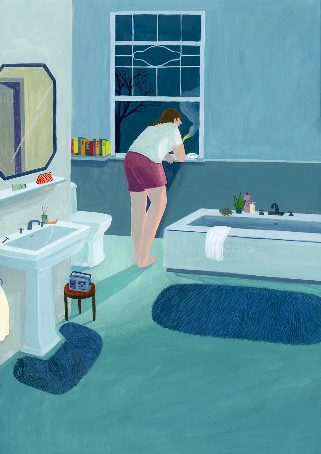 Woman leaning on bathroom windowsill by Iratxe López de Munáin