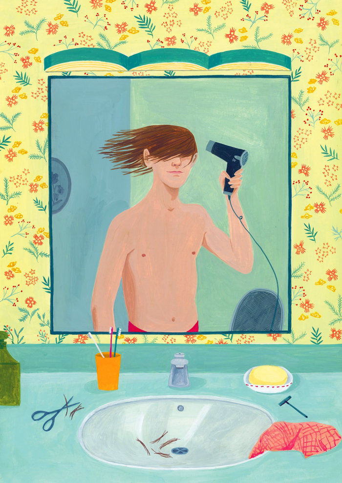 Sketch of boy drying hair
