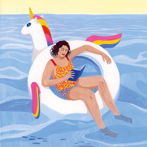 Woman reading book on unicorn float in the sea by Iratxe López de Munáin