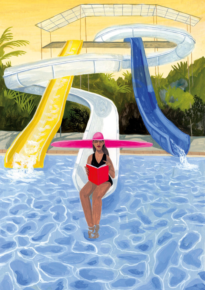 Gouache illustration of a swimming pool