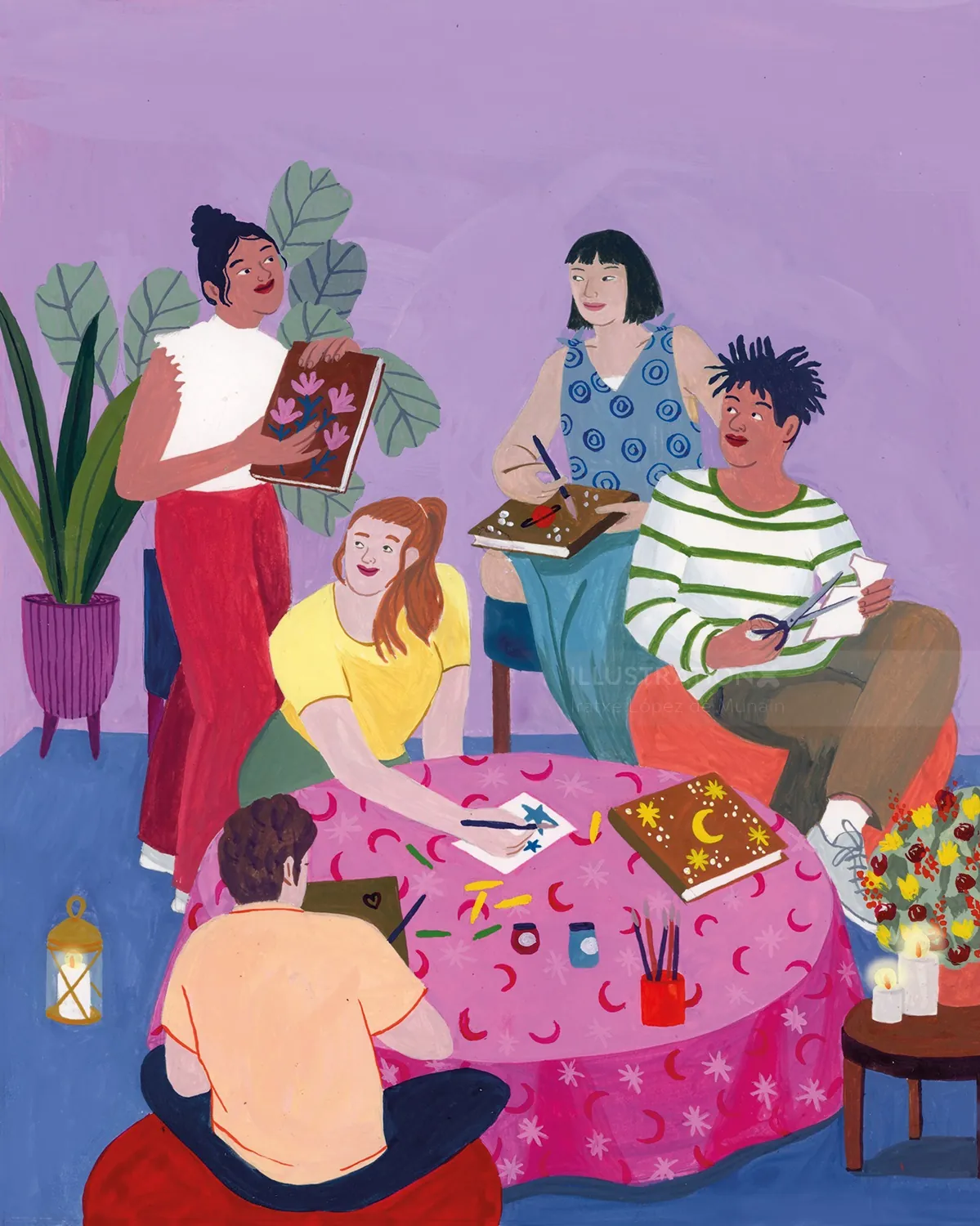 Four people reading and writing around a pink table with plants and lantern