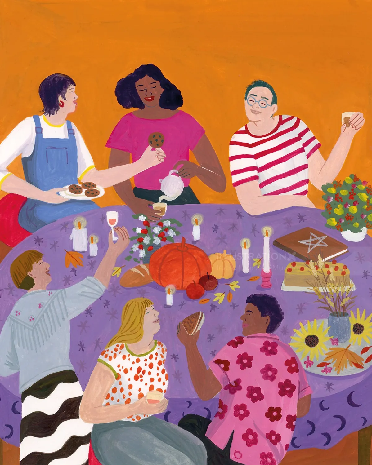 Group of six people sharing food around a table with candles and decorations