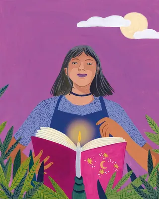 Woman reading a magical book by candlelight with plants around