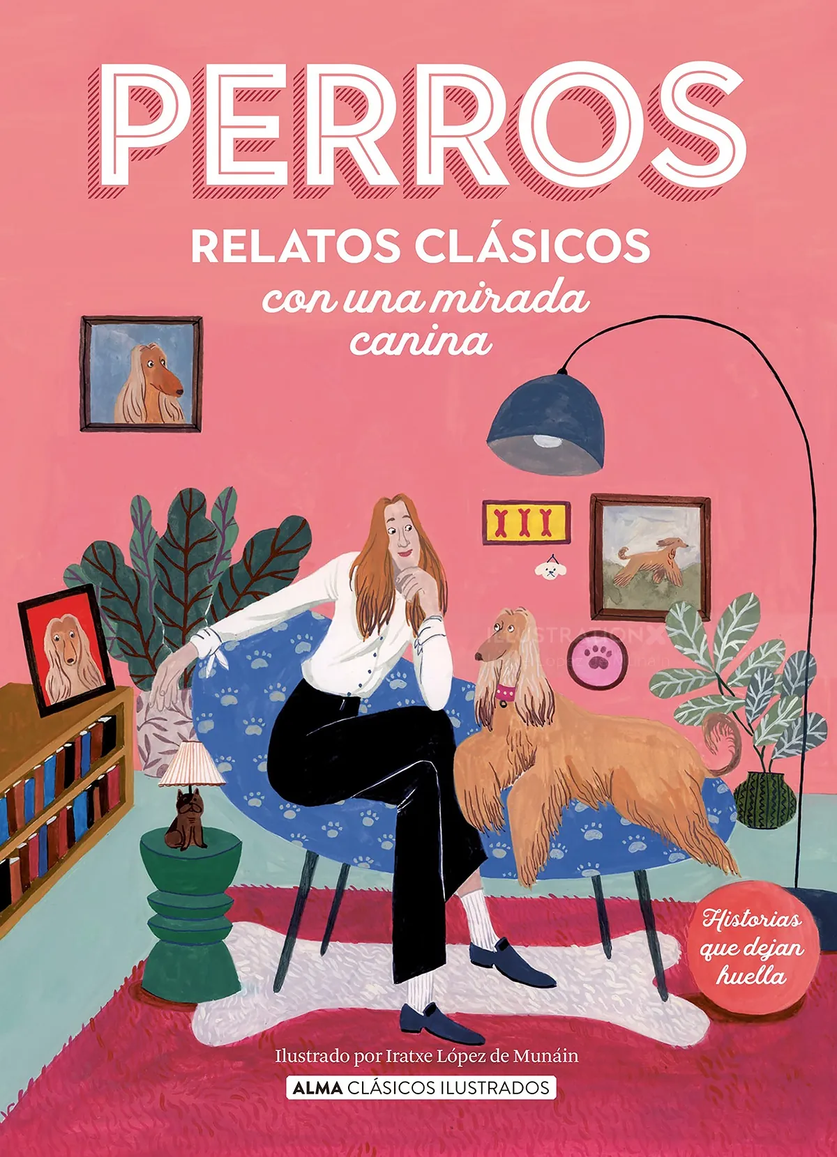 Woman sitting on chair petting a dog with books and plants around