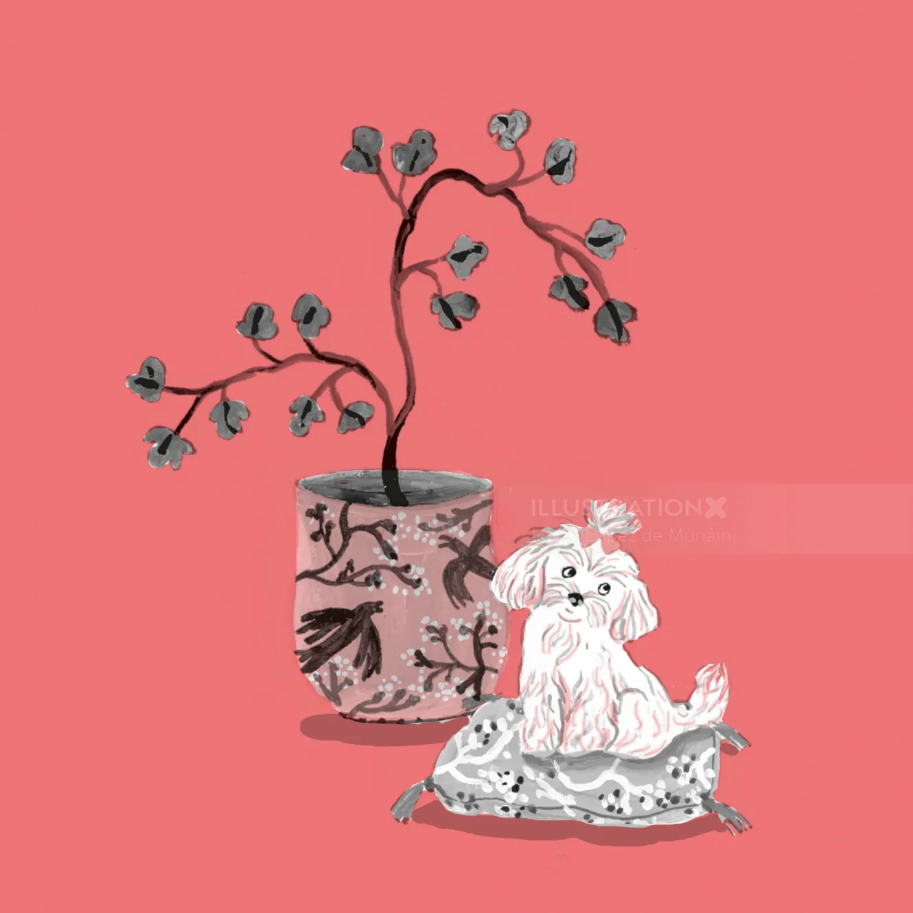Small white dog on cushion beside a flower pot on pink background