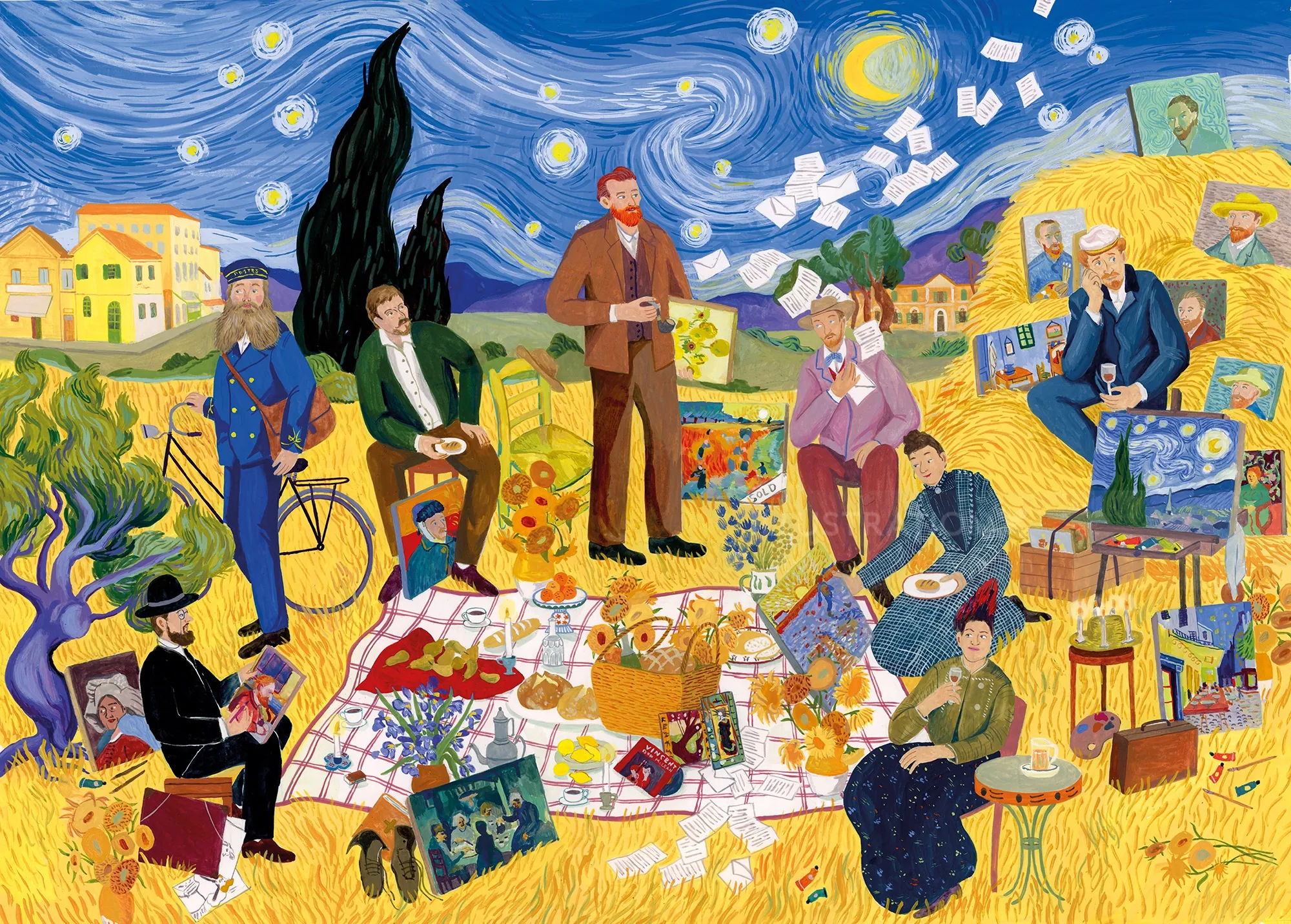 Illustration of people assembling a Van Gogh puzzle outdoors