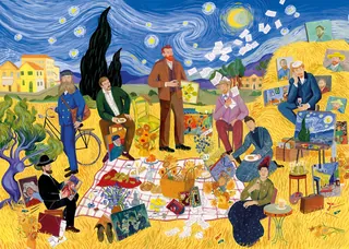 Illustration of people assembling a Van Gogh puzzle outdoors