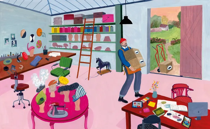 Illustrated artist studio with people, art supplies, and colorful décor