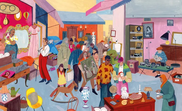 Illustration of a lively Parisian market scene with people shopping