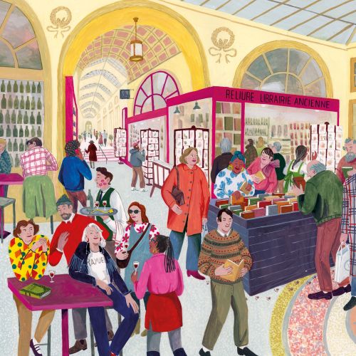 Illustration of people inside a busy Paris market hall