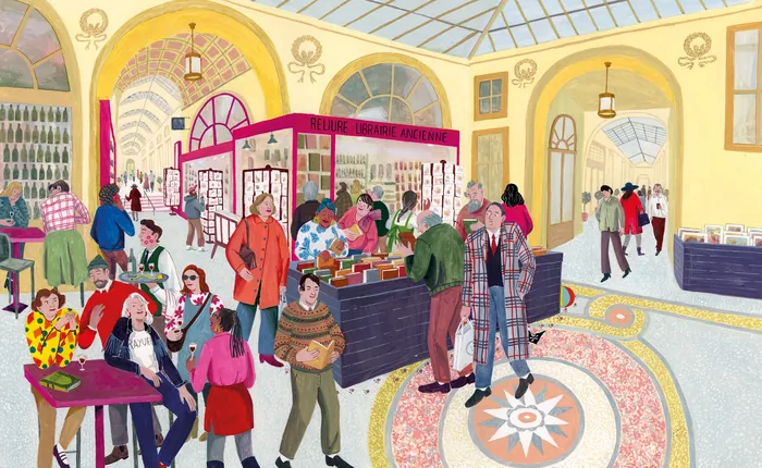 Illustration of people inside a busy Paris market hall