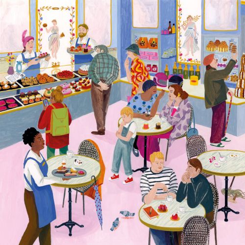 Illustrated Paris bakery with customers and colorful pastries