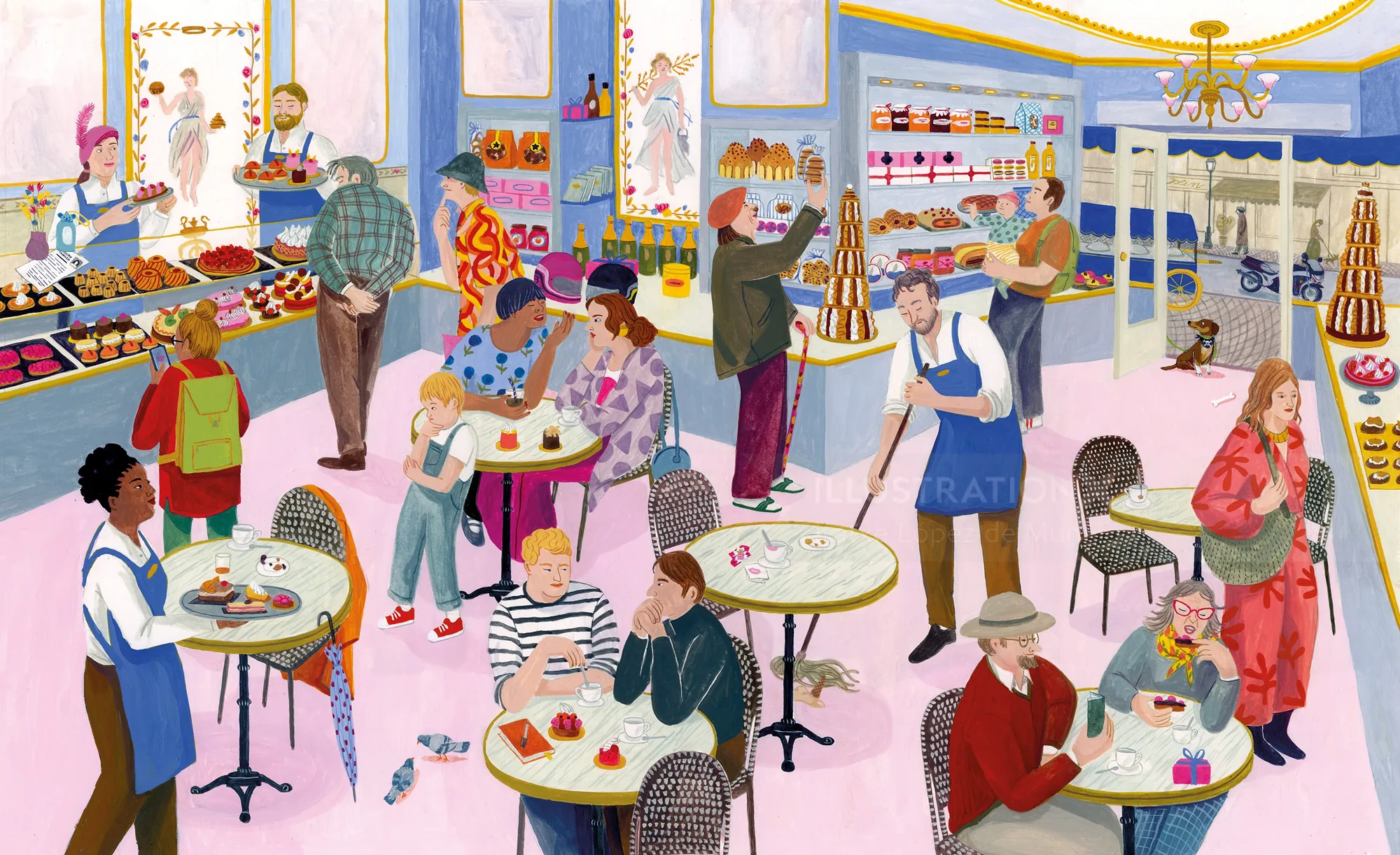 Illustrated Paris bakery with customers and colorful pastries