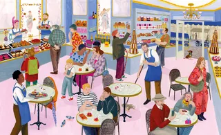Illustrated Paris bakery with customers and colorful pastries