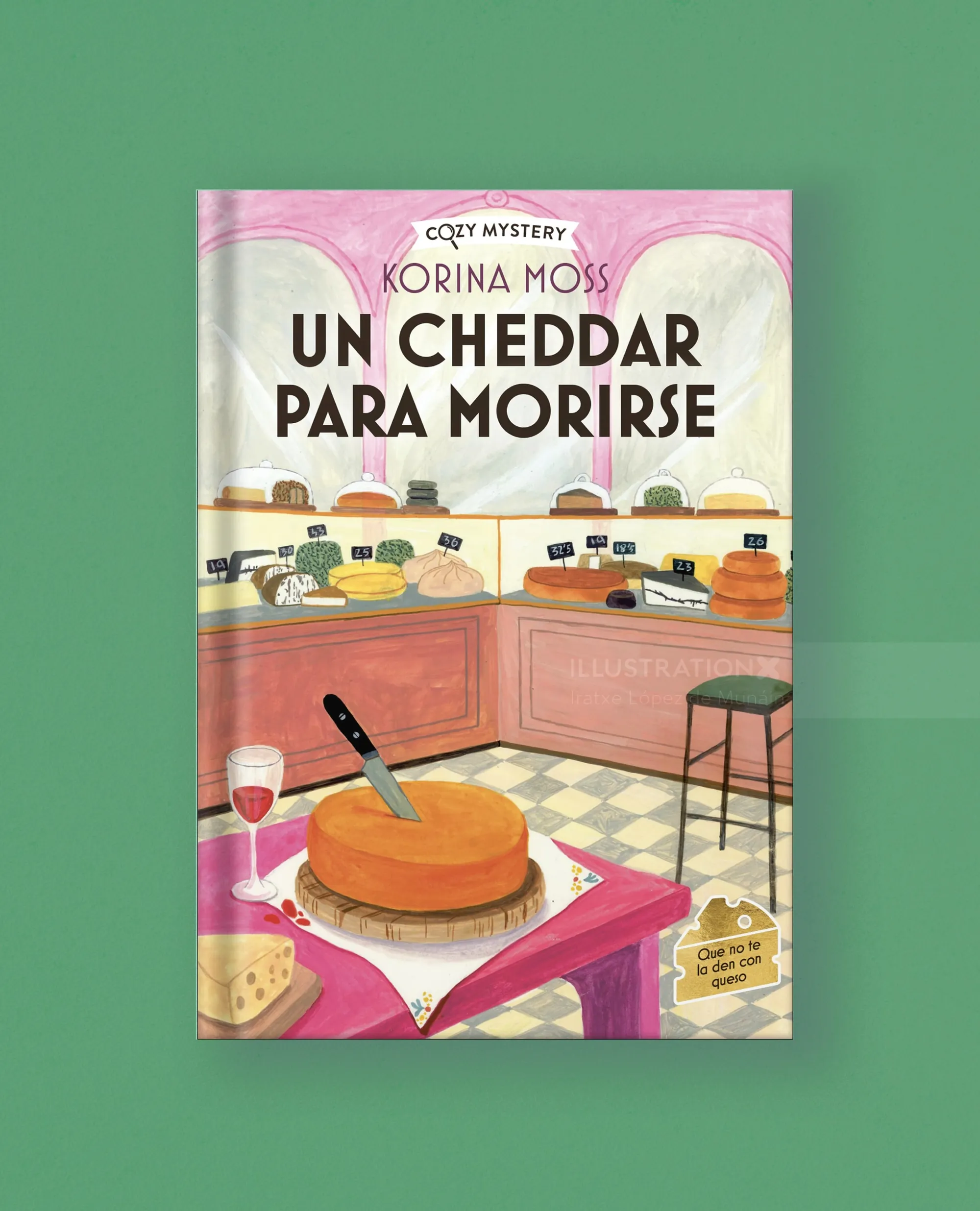 Book cover of cozy mystery with cheesecake and kitchen scene