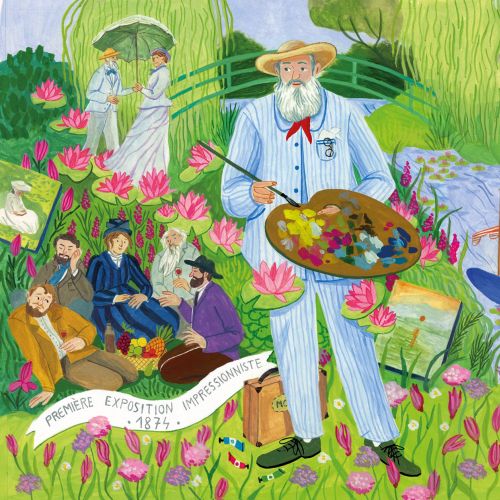 Illustration of Monet painting amid water lilies with scenes from Impressionist exhibition