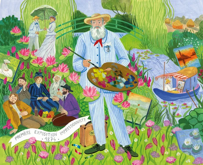 Illustration of Monet painting amid water lilies with scenes from Impressionist exhibition