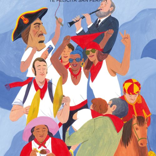 Illustration of San Fermin festivities with people celebrating and a trumpet player