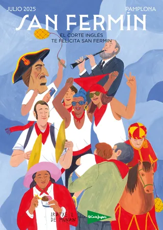 Illustration of San Fermin festivities with people celebrating and a trumpet player
