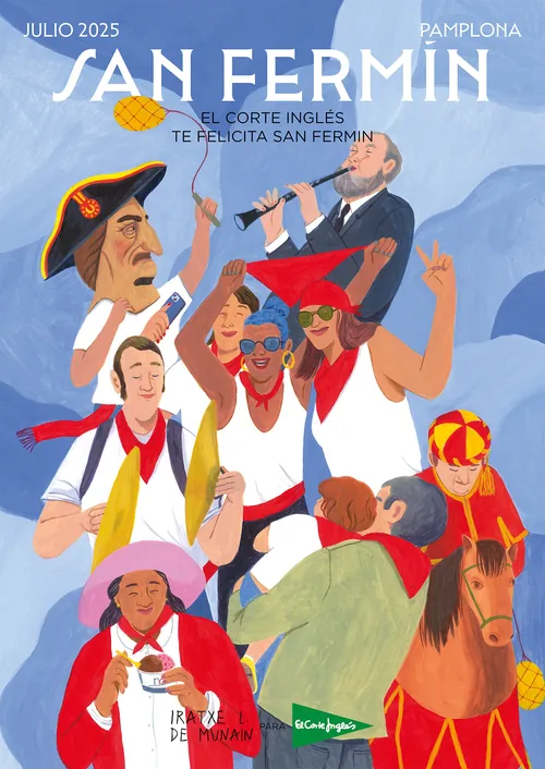 Illustration of San Fermin festivities with people celebrating and a trumpet player