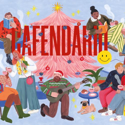 Illustration of people around a pink Christmas tree for Cafendario by Iratxe López de Munáin