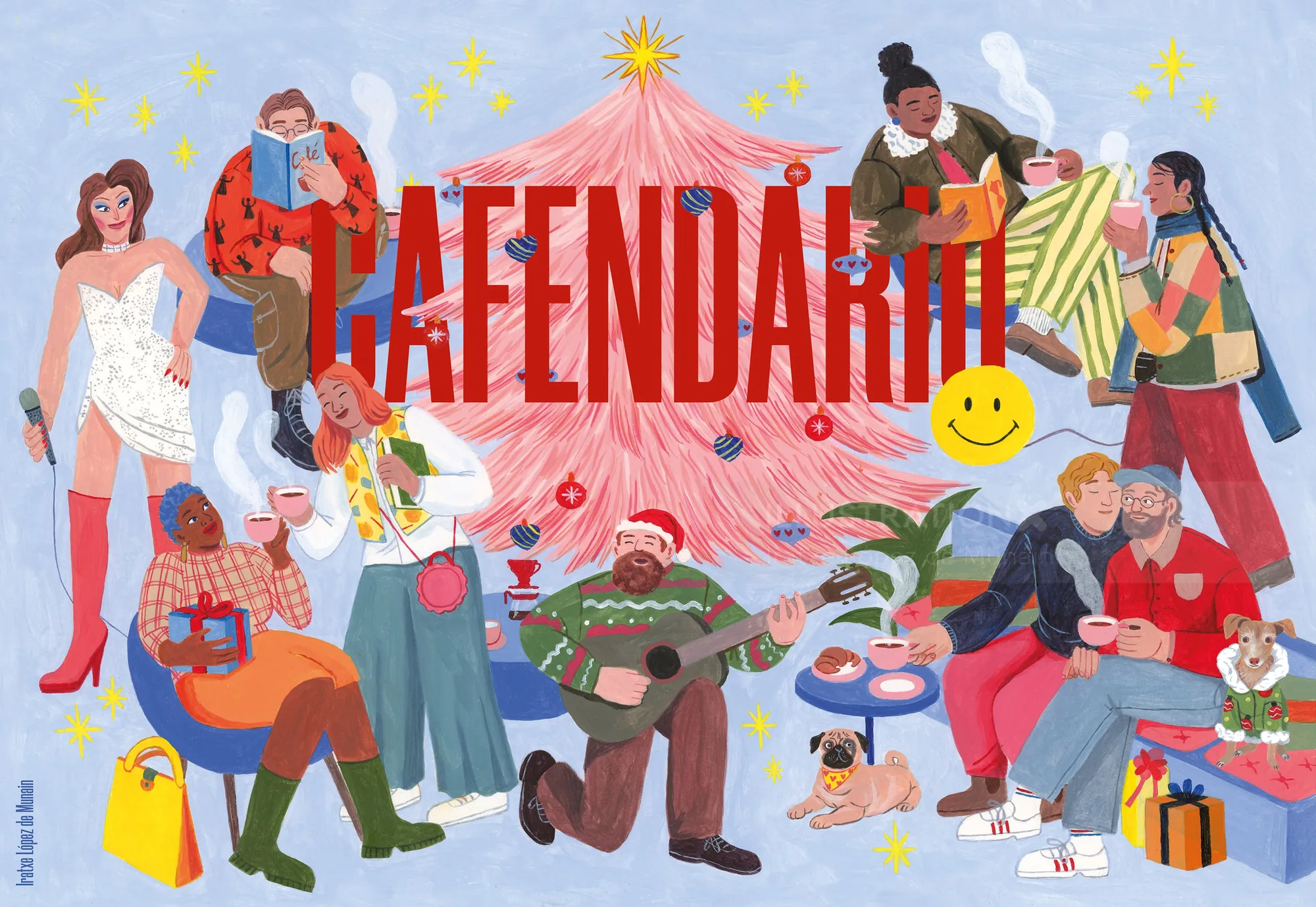 Illustration of people around a pink Christmas tree for Cafendario by Iratxe López de Munáin