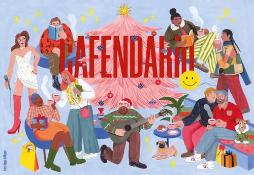 Illustration of people around a pink Christmas tree for Cafendario by Iratxe López de Munáin