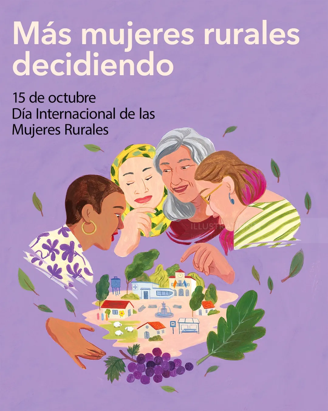 Illustration by Iratxe López de Munáin of rural women around a village
