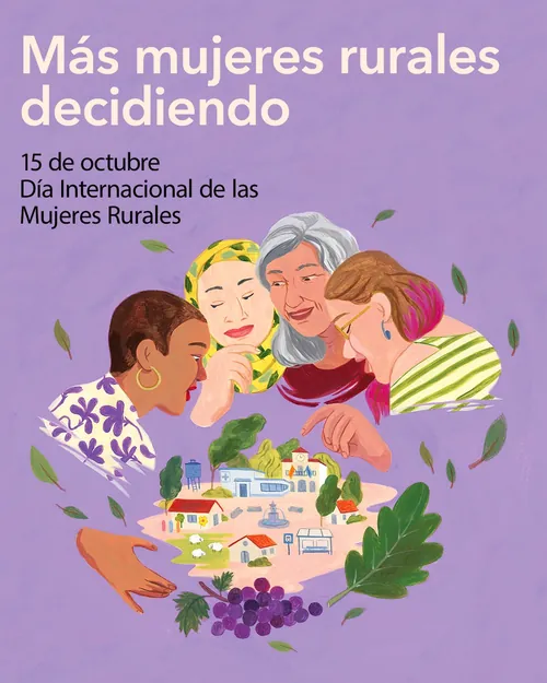 Illustration by Iratxe López de Munáin of rural women around a village