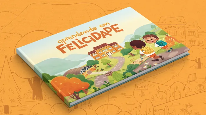 Book cover of Aprendendo em Felicidade with children and colorful town illustration