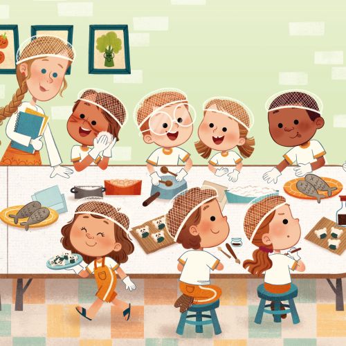 Children and teacher at table learning and baking together
