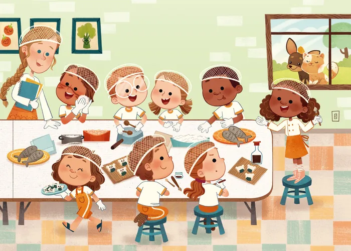 Children and teacher at table learning and baking together
