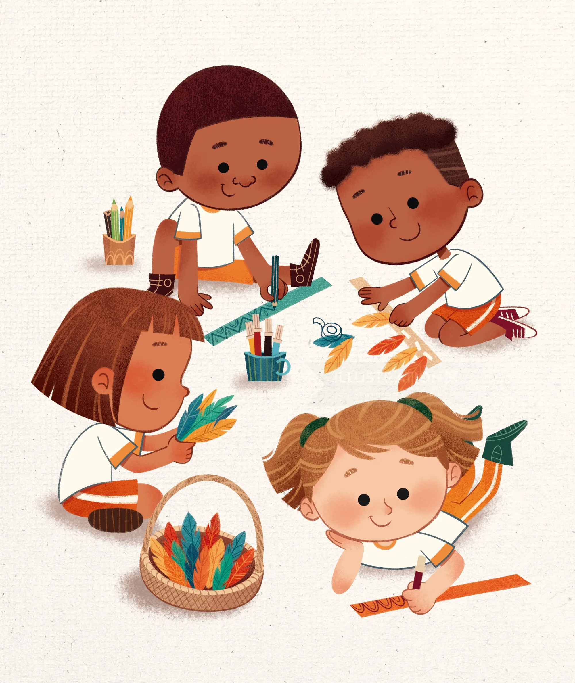 Children playing and crafting colorful feathers together