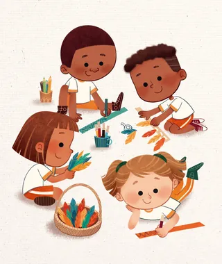 Children playing and crafting colorful feathers together