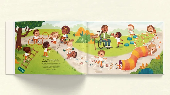 Children playing and learning together outdoors with books and activities