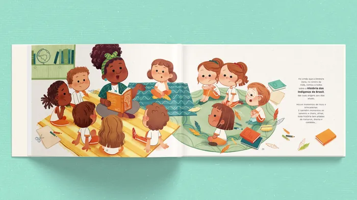 Teacher reading book to diverse children seated on floor in classroom