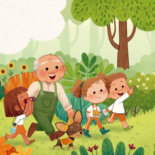Children and adults happily walking and playing in a park