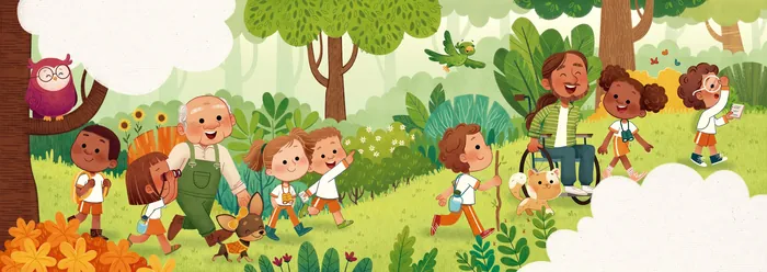Children and adults happily walking and playing in a park