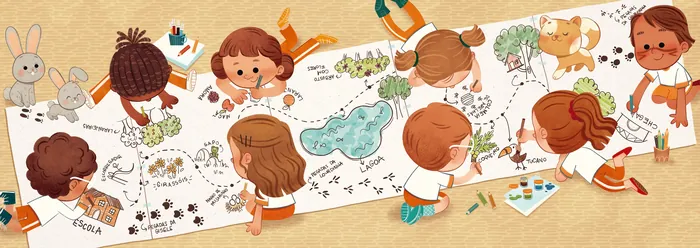 Children drawing and painting together on large paper