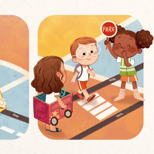 Children playing joyfully, one in a toy car and others at a crosswalk