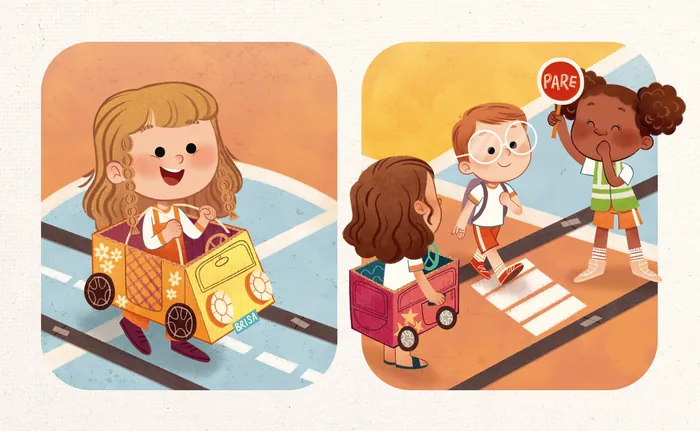 Children playing joyfully, one in a toy car and others at a crosswalk