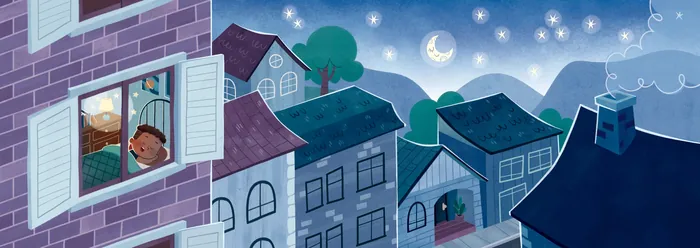 Child looking out window at night with stars and moon in sky