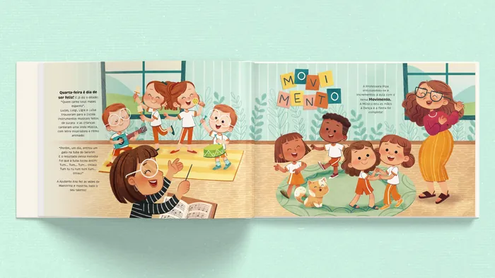 Children and teacher joyfully singing in a bright classroom