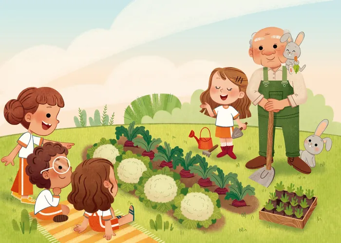 Children and gardener in vegetable garden with rabbits