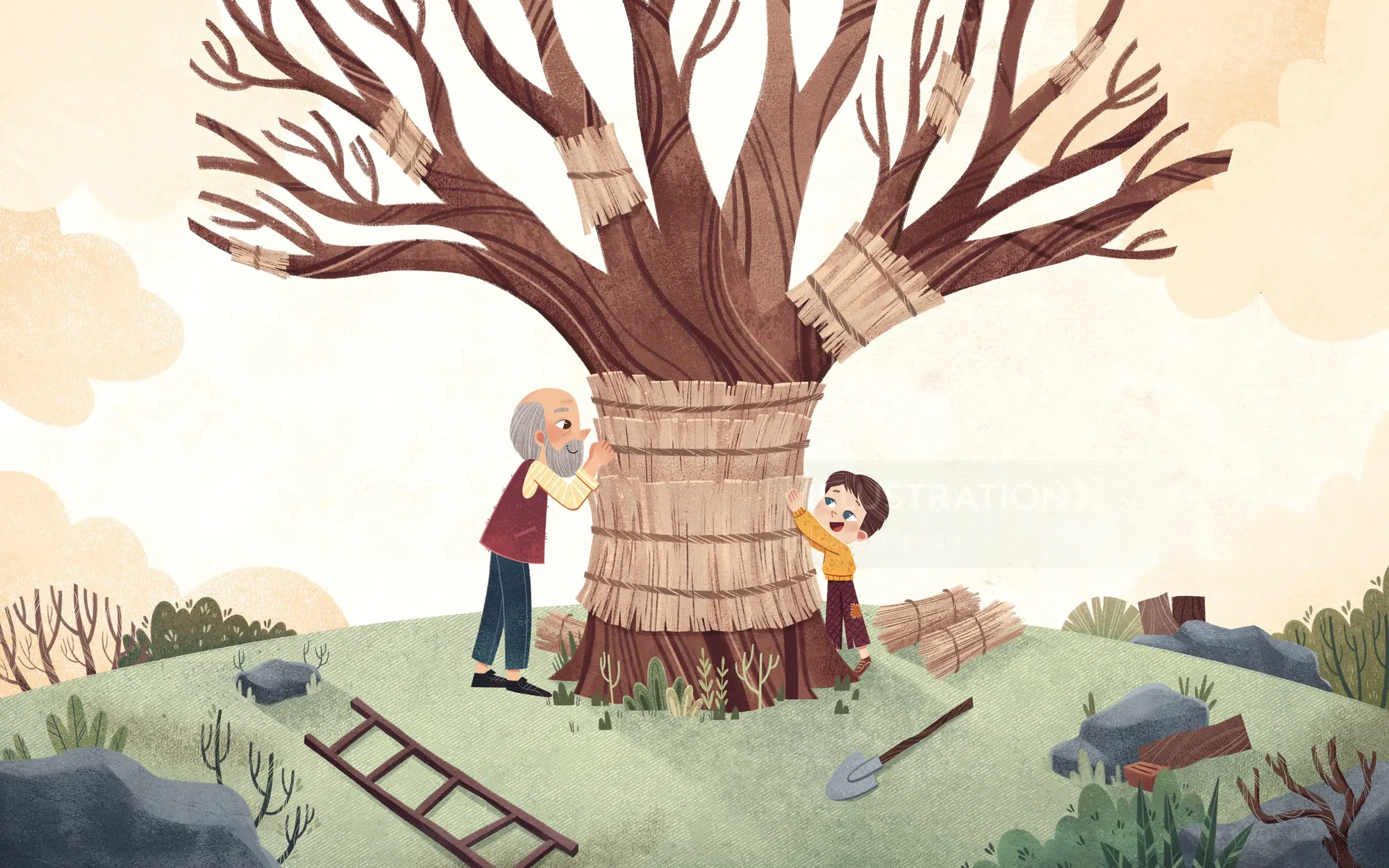 Boy and elderly man tying bundles to a large tree outdoors