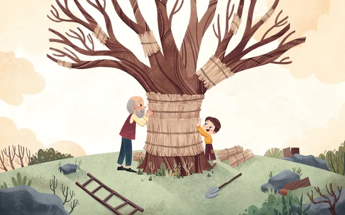 Boy and elderly man tying bundles to a large tree outdoors